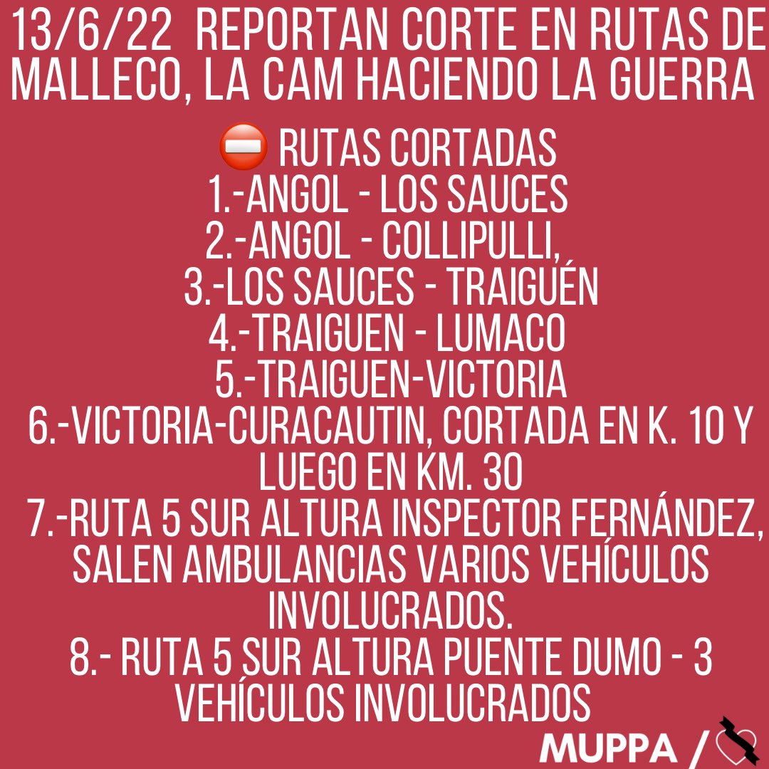 UnidasPorPaz's tweet photo. RUTAS CORTADAS 
1.Angol-Los sauces 
2.Angol-Collipulli,  
3.Los Sauces-Traiguén
4.Traiguen-Lumaco 
5.Traiguen-Victoria
6.Victoria-Curacautin, cortada en k. 10 y luego en km. 30
 7.Ruta 5 sur altura inspector Fernández, salen ambulancias
8.Ruta 5 sur puente dumo - 3 vehículos https://t.co/2pGqON11EP