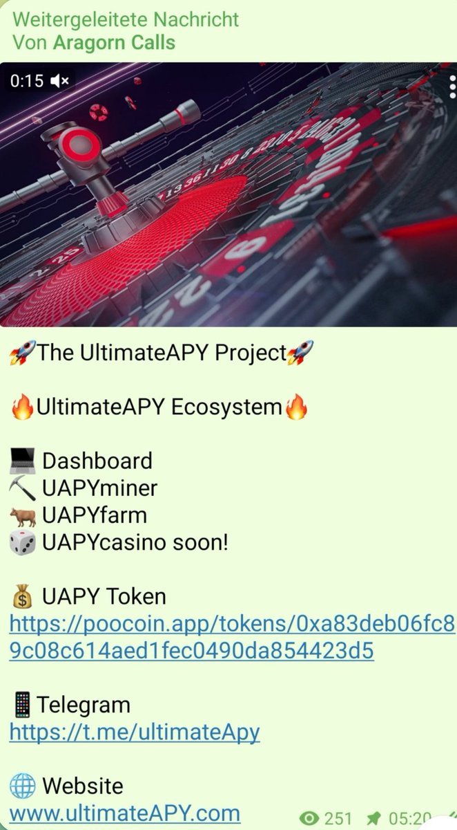 <a href="/ultimateapy/">The UltimateAPY Project</a> 
Telegram Call's 🚀🚀🚀

🔥 UltimateAPY Ecosystem:

💰 UAPY Token live
💻 Dashboard live
🐂 UAPY Farm live
 ⛏ UAPY Miner live
🔥6 Mill Token burned

🎲 UAPY Casino live soon💰🔥

📱 Telegram
t.me/ultimateApy

🌐 Website
ultimateAPY.com