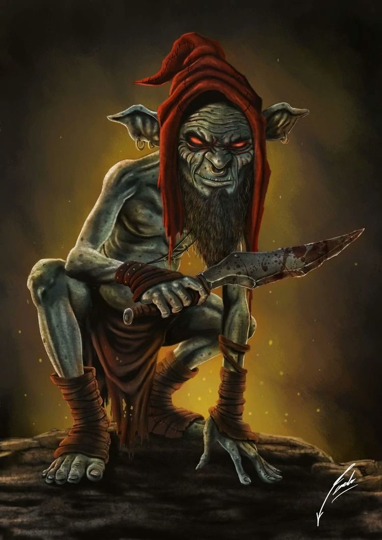 MythMultiverse's tweet photo. The Redcap, of Anglo-Scottish folklore, earns its name from its crimson cap which this murderous goblin dips in the blood of its victims. Should the blood on its cap dry up, the Redcap will fall dead. 1/2 #MythologyMonday🩸 https://t.co/L4EYYzNPbQ