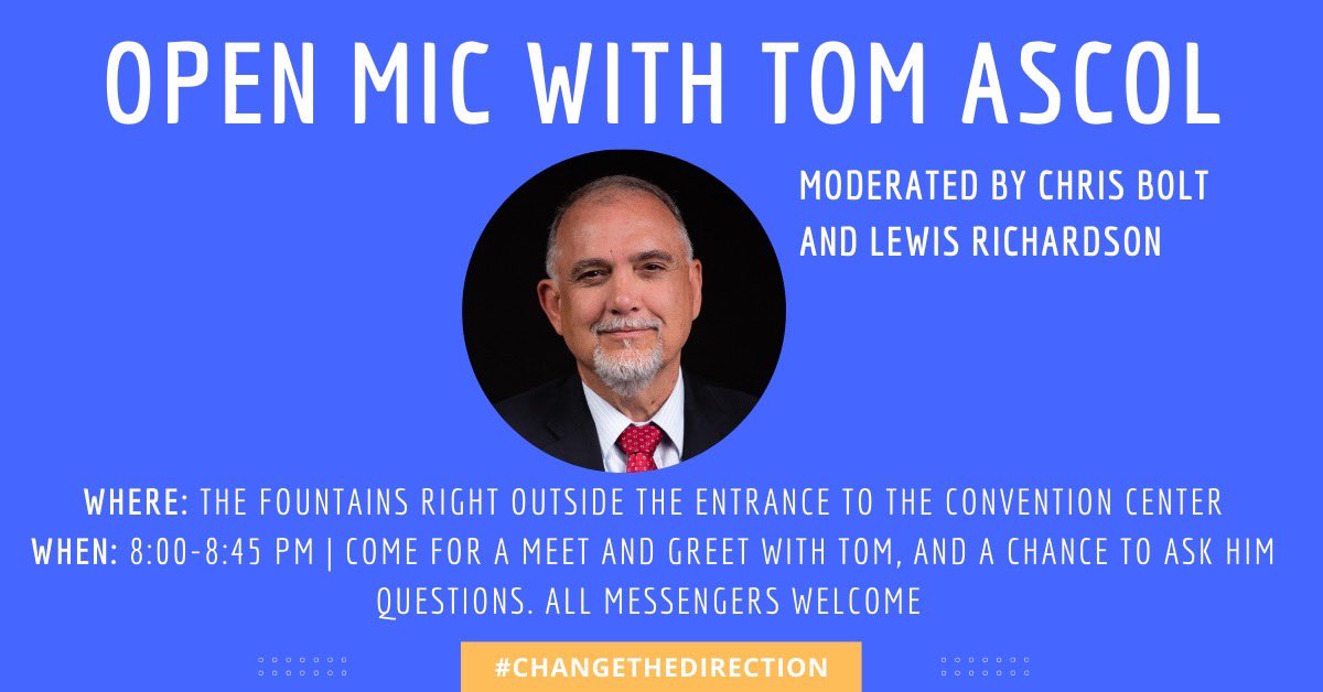 Join me tonight at 8:00pm for a time of conversation and questions outside the convention center - in front of the fountains. All #SBC22 messengers welcome. #ChangeTheDirection