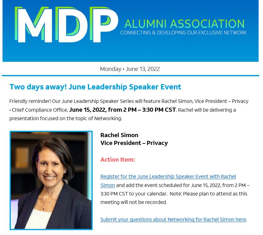 Just 2 days!! Make sure you are registered for this. Your future self will thank you. Check your email for all the details😀
.
.
.
#MDPalumLIFE #LifeatATT #Engage #Network
