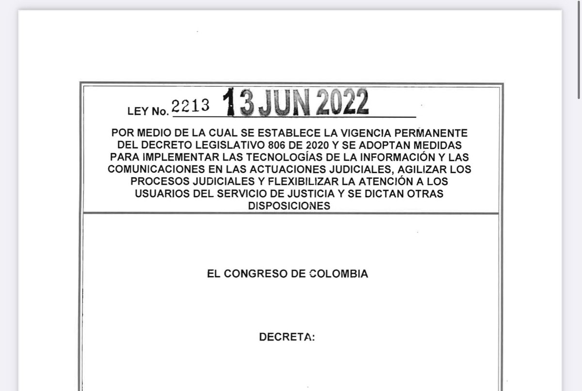 relatoriaCCA's tweet photo. ATENCIÓN LEY 2213 DEL 13 JUNIO DE 2022
POR MEDIO DE LA CUAL SE ESTABLECE LA VIGENCIA PERMANENTE DEL DECRETO LEGISLATIVO 806 DE 2020. Descárguela aquí 👉🏻 https://t.co/CiLHWO1wma https://t.co/eawau04HBc