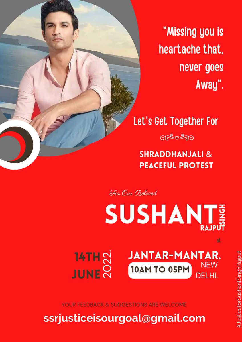 shamitda's tweet photo. Request all to please join together to pay homage to our beloved Sushant today 14June at Jantar Mantar Delhi, 2yrs after he left us all. Justice to his noble soul is essential.🙏🏻
@shwetasinghkirt @withoutthemind @divinemitz @Prashaant_KR @RoopaSpeaks @shekharsuman7 @nilotpalm6 https://t.co/zFi0hdbTc5