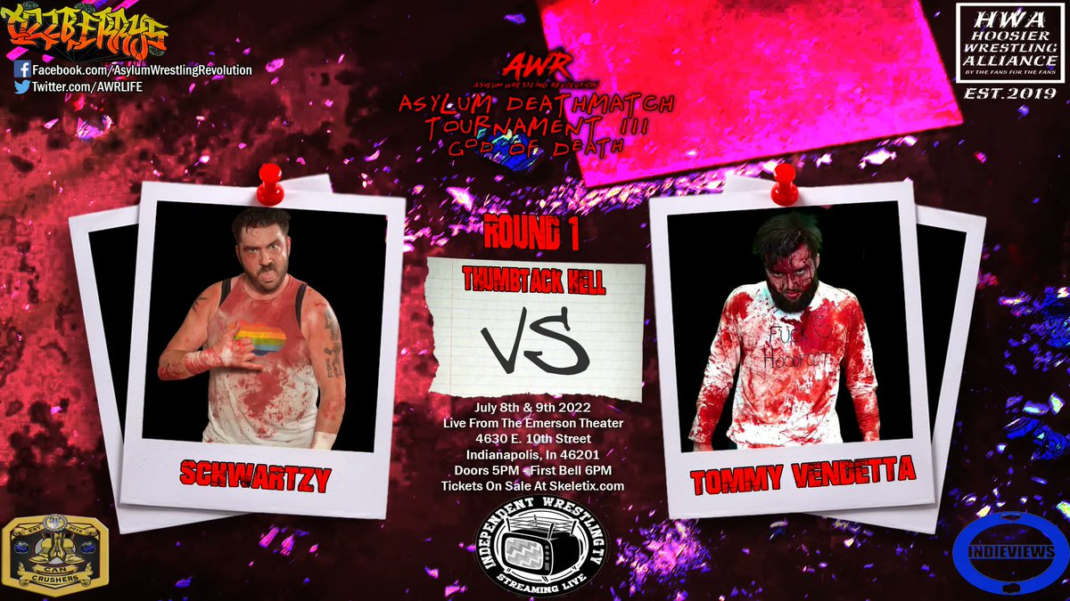 AWRLIFE's tweet photo. #AWR #ADT3 #GodOfDeath #July8thAnd9th #TheEmersonTheater #TillberryVape #HoosierWrestlingAlliance #CanCrushersWrestlingPodcast #IndieViews #SchwartzyVsTommyVendetta #Round1 #ThumbtacksOfHell #Deathmatch https://t.co/GaAJKTgnyZ