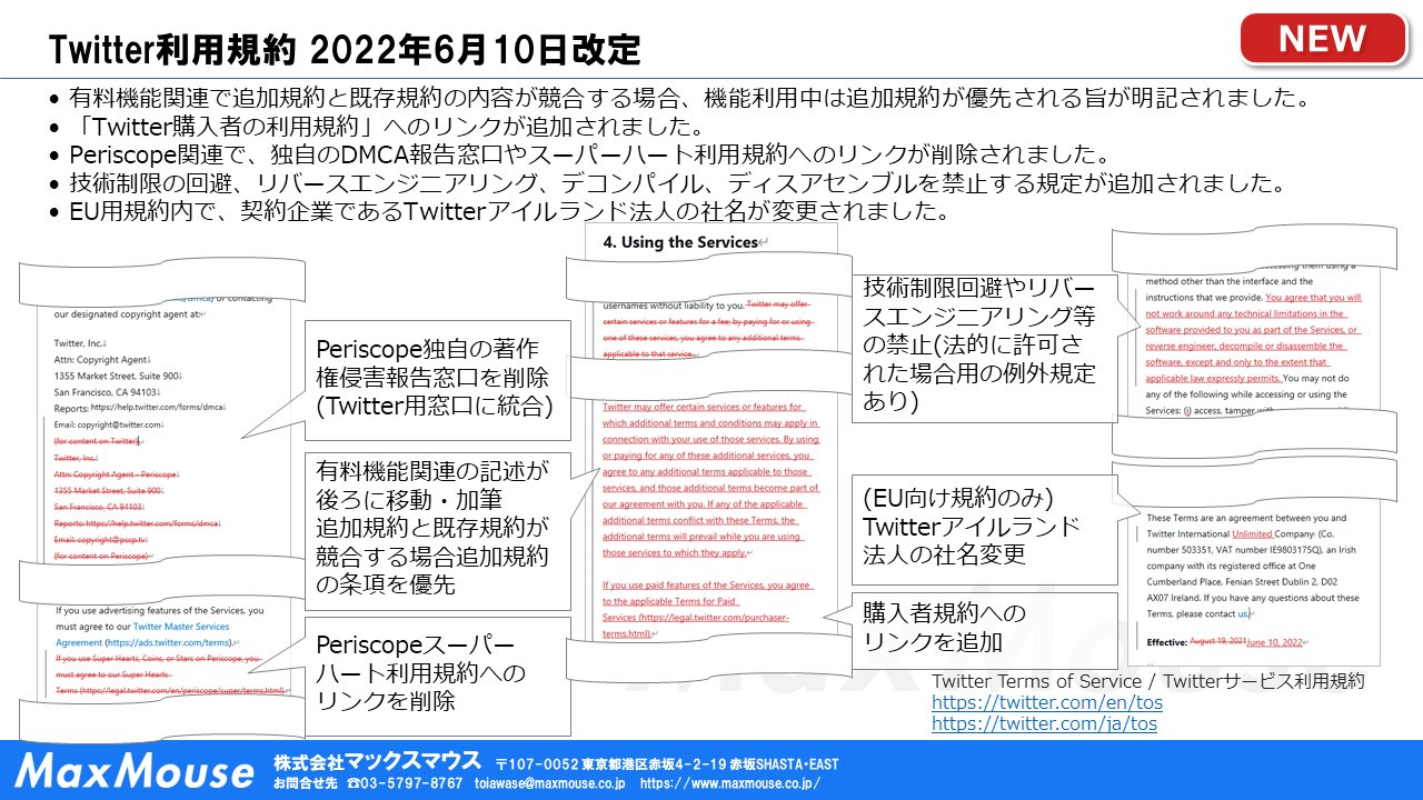 株式会社マックスマウス 22年5月のtwitter規約改定ピックアップ 利用規約 プライバシーポリシー改定 22 06 10から有効 緊急時の誤情報に関するポリシー 新設 コピーパスタおよび重複するコンテンツに関するポリシー 新設 フルバージョンは 株式会社マックスマウス 22年5月のtwitter規約改定ピックアップ 利用規約 プライバシーポリシー改定 22 06 10から有効 緊急時の誤情報に関するポリシー 新設 コピーパスタおよび重複するコンテンツに関するポリシー 新設 フルバージョンは