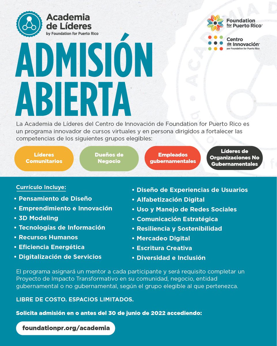 ElCentroDePR's tweet photo. ¡Hoy abrió el proceso de admisión para la Academia de Líderes!

Grupos elegibles: 

-Líderes comunitarios
-Empleados (as) Gubernamentales
-Pequeños y medianos empresarios
-Líderes de ONG’s

Libre de Costo. Espacios Limitados.

Solicita accediendo:

https://t.co/poJTngTnam https://t.co/1FWvfJluw7