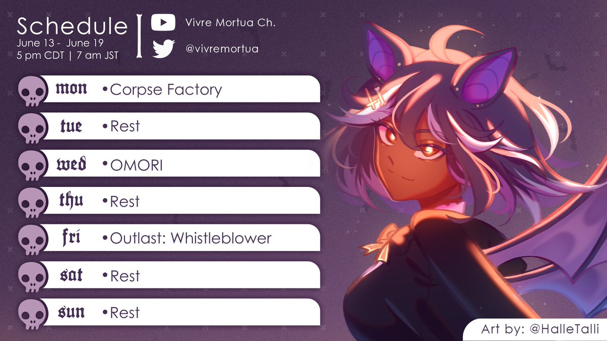 vivremortua's tweet photo. ◤Weekly Schedule &amp; Tags◢
✞ June 13 - June 19

✦ LIVE: #VimorLIVE 
✦ ART: #mortuART

✞ 🤍🦇 "june is turning out to be a month of horror, huh?" https://t.co/PW1X4EVhb7
