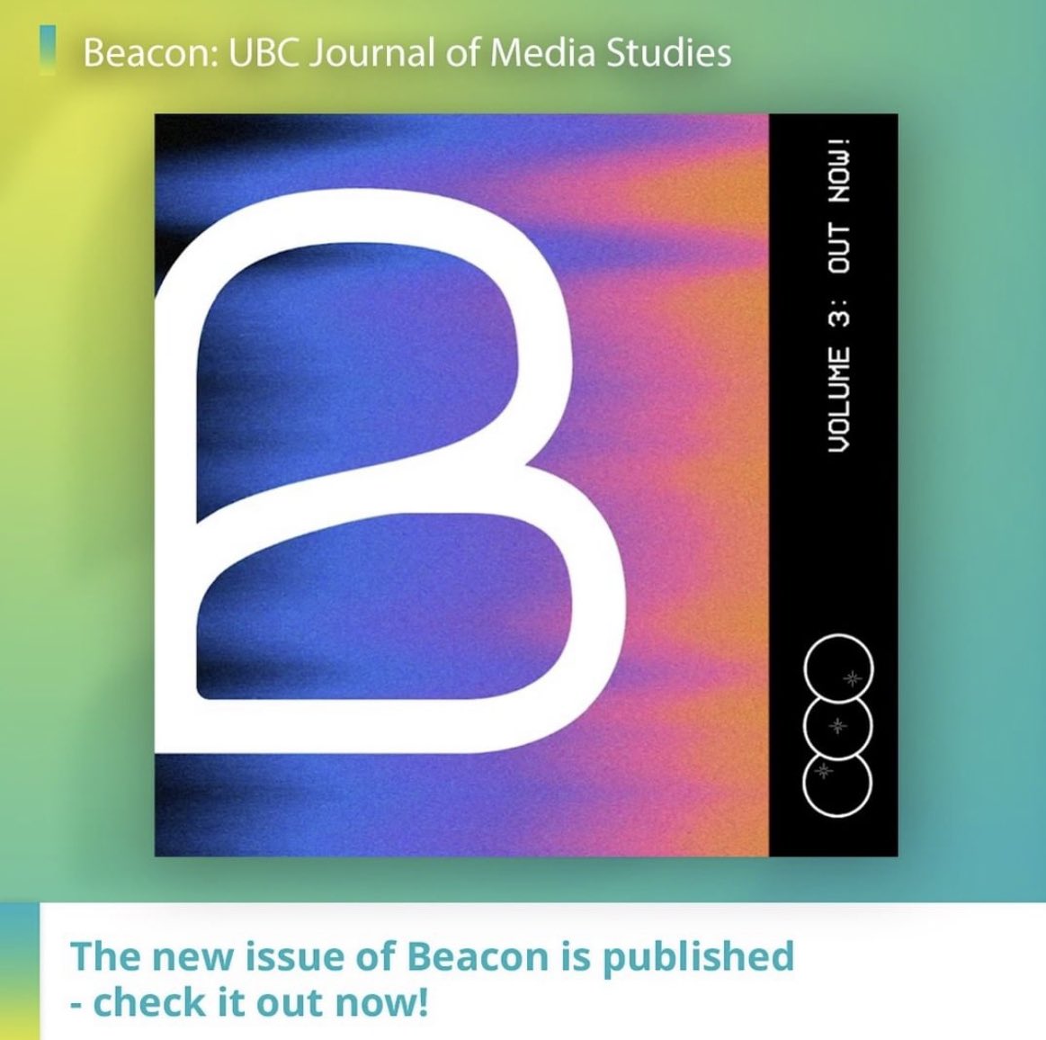 richardariash's tweet photo. Volume III of Beacon: UBC’s undergraduate media studies journal is out!

https://t.co/aFrsDk2wRg 

Experimental films, research on audience reception of Bridgerton, capitalism and climate justice, policy briefing in the speculative narrative of Blade Runner and more! https://t.co/JkG9XE0YjR