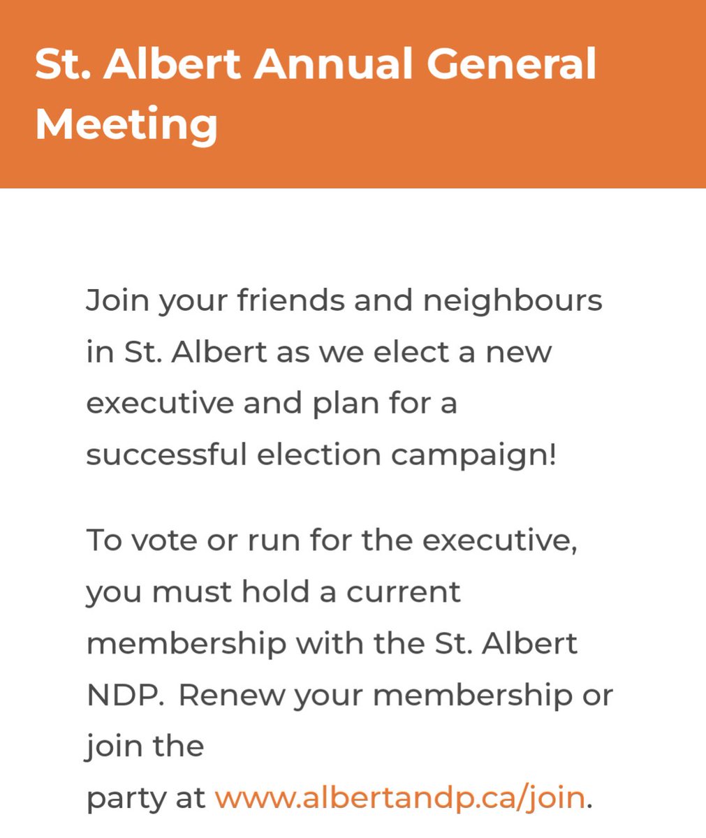 stalbertndp's tweet photo. We're inviting you to join us this Wednesday (June 15th) for our Annual General Meeting at 630pm at the Lion's Park Outdoor Shelter.

Sign up here⤵️
https://t.co/5Fk3FnHaw3

#ableg #abndp #agm #volunteers https://t.co/fKSk4T7Idd