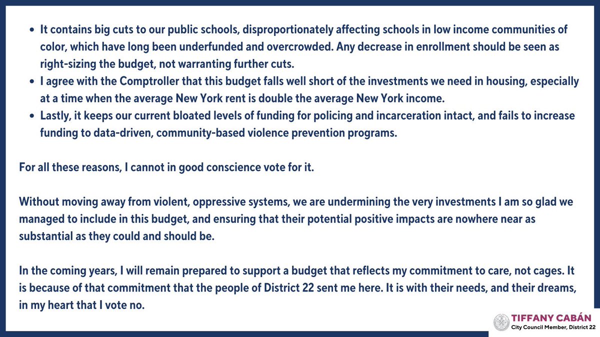 Part 1 of CM Cabán’s statement explaining her No vote on the FY2023 budget