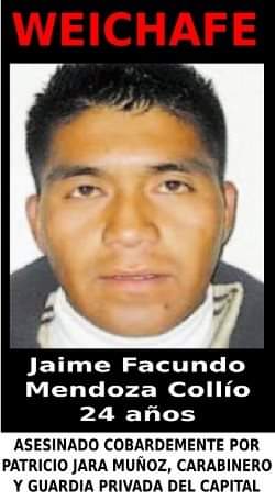 duendeanarko's tweet photo. Primer gob. de Bachelet:
Jaime Mendoza Collío (2009)Asesinado durante la ocupación del fundo San Sebastián por el cabo Patricio Jara Muñoz, alegó legítima defensa, presentando chaleco antibalas con impactos. Informe de la PDI confirmó que habían sido hechos de manera posterior https://t.co/m2MHhPKgC0