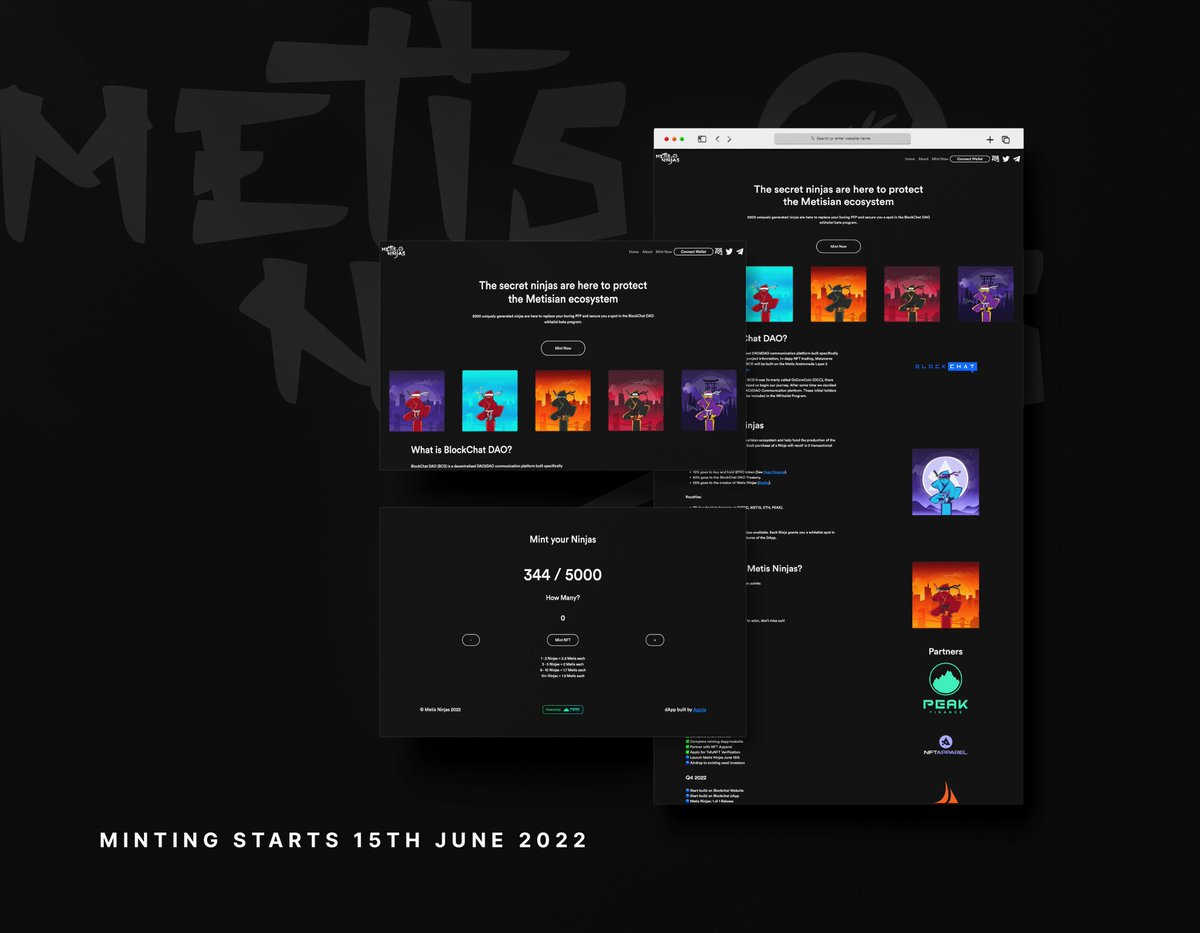 MetisNinjas's tweet photo. The DApp is ready to go!! Who is keen on a Ninja Drop? LFG

Link will be shared tomorrow - join tg for updates 

🥷 https://t.co/gkOkZpMmIA 

#minting #NFT #metisninjas #metis $METIS @MetisDAO @MetisRarity https://t.co/LF7OtXy4vO