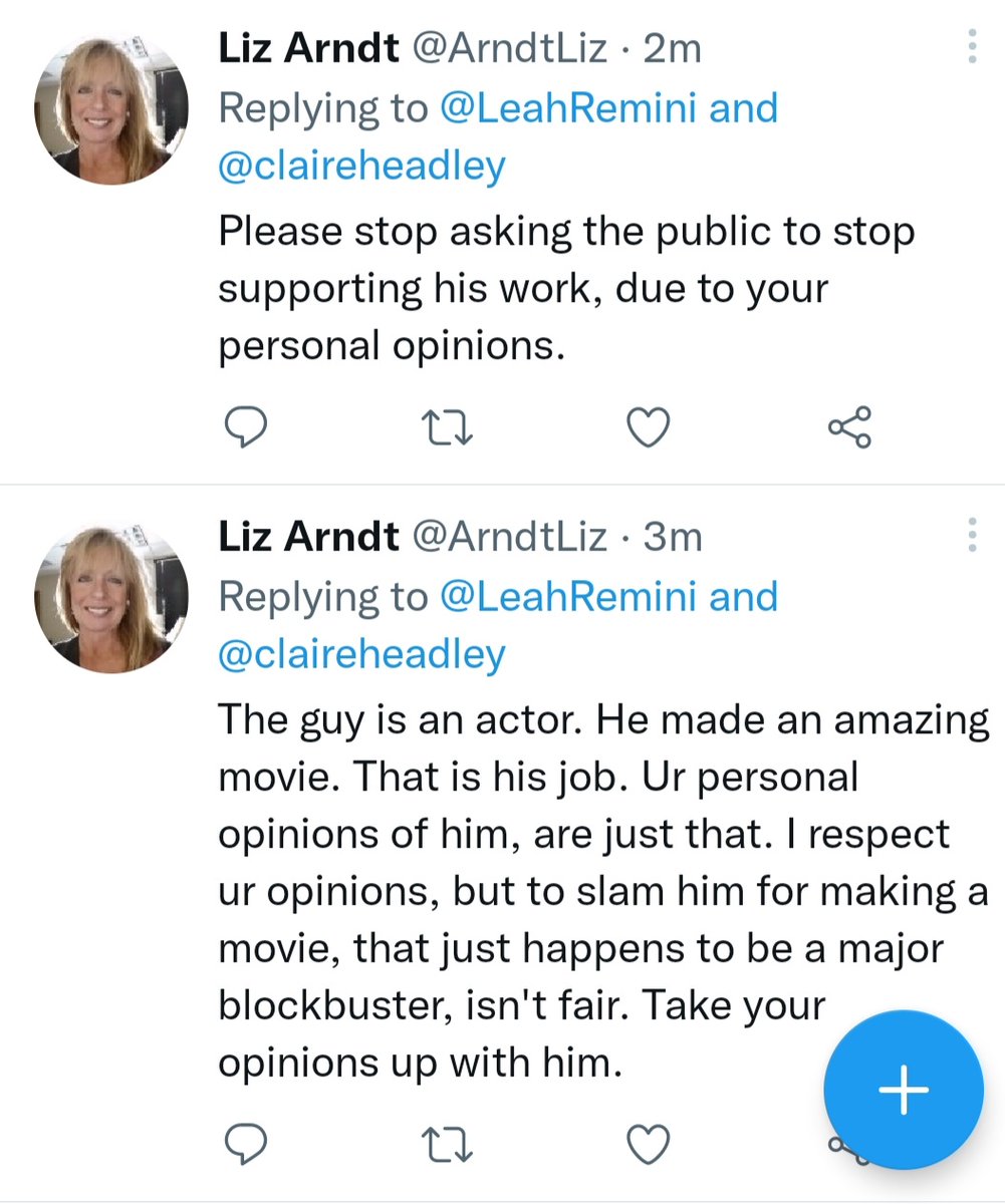 ArndtLiz's tweet photo. @TomCruise Supporting you in the face of unfair, personal attacks. They need to learn the difference between an actor's work and his personal beliefs.  Maverick is a great movie. Congratulations on a blockbuster!!! Well done!! https://t.co/ShQPKkUS5f