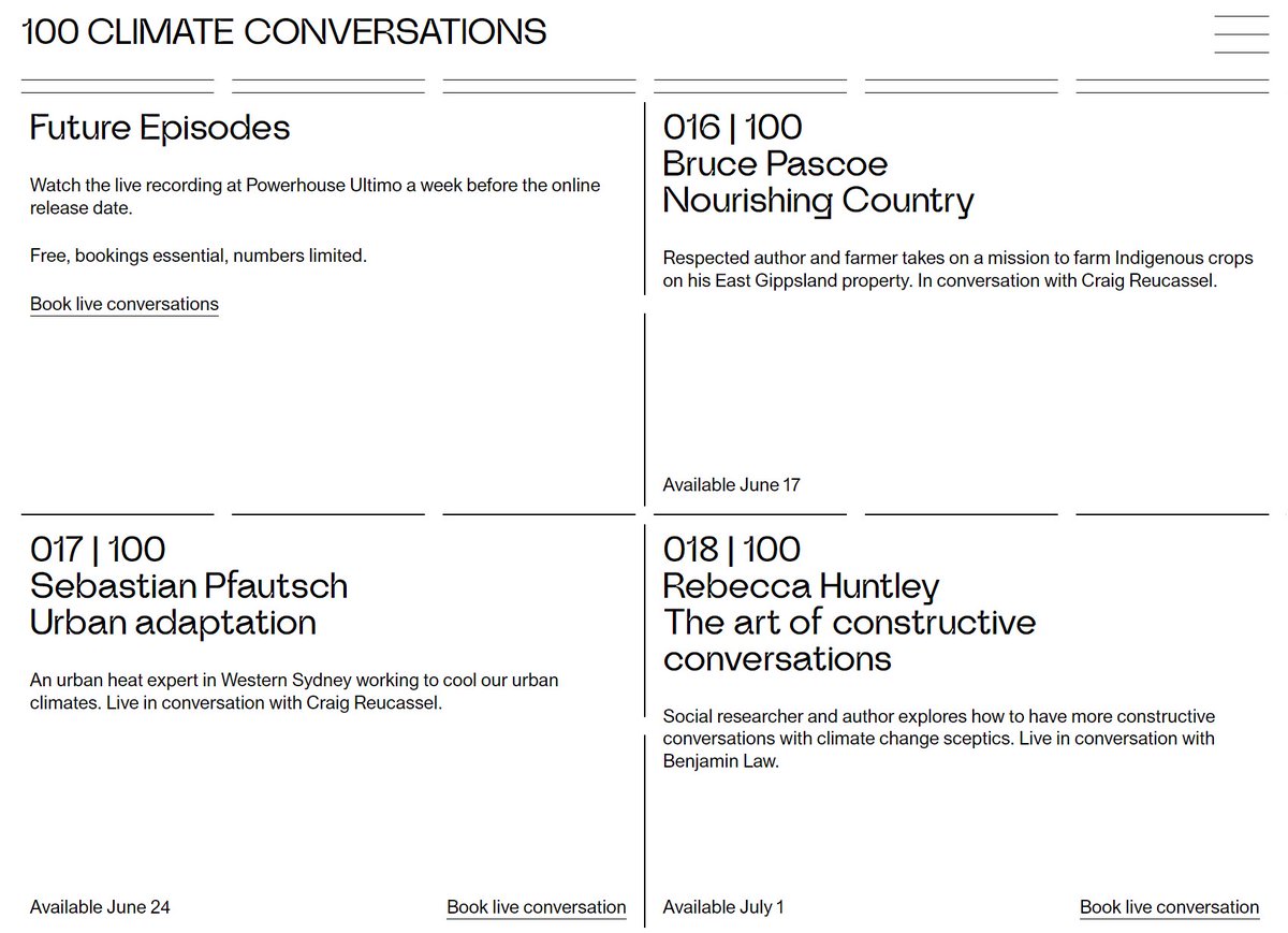 Great resource for exploring #sustainability and #climate with students @maasmuseum Urban adaptation, nourishing country, a career in climate, future agriculture, renewables…Free every Friday, Ultimo- also recorded. 100climateconversations.com