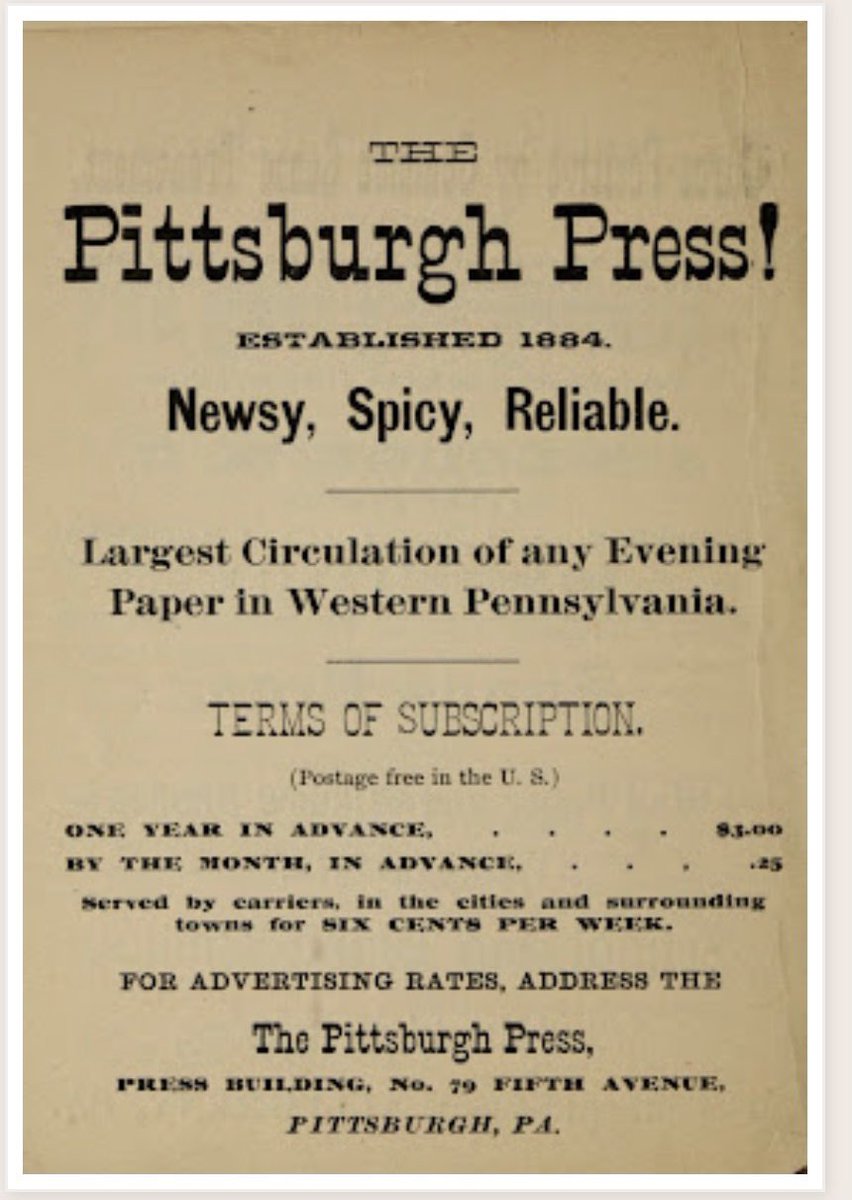 PghHistoryPie's tweet photo. The Pittsburgh Press in 1887

“Newsy, Spicy, Reliable.” https://t.co/sPpl3HhKx2