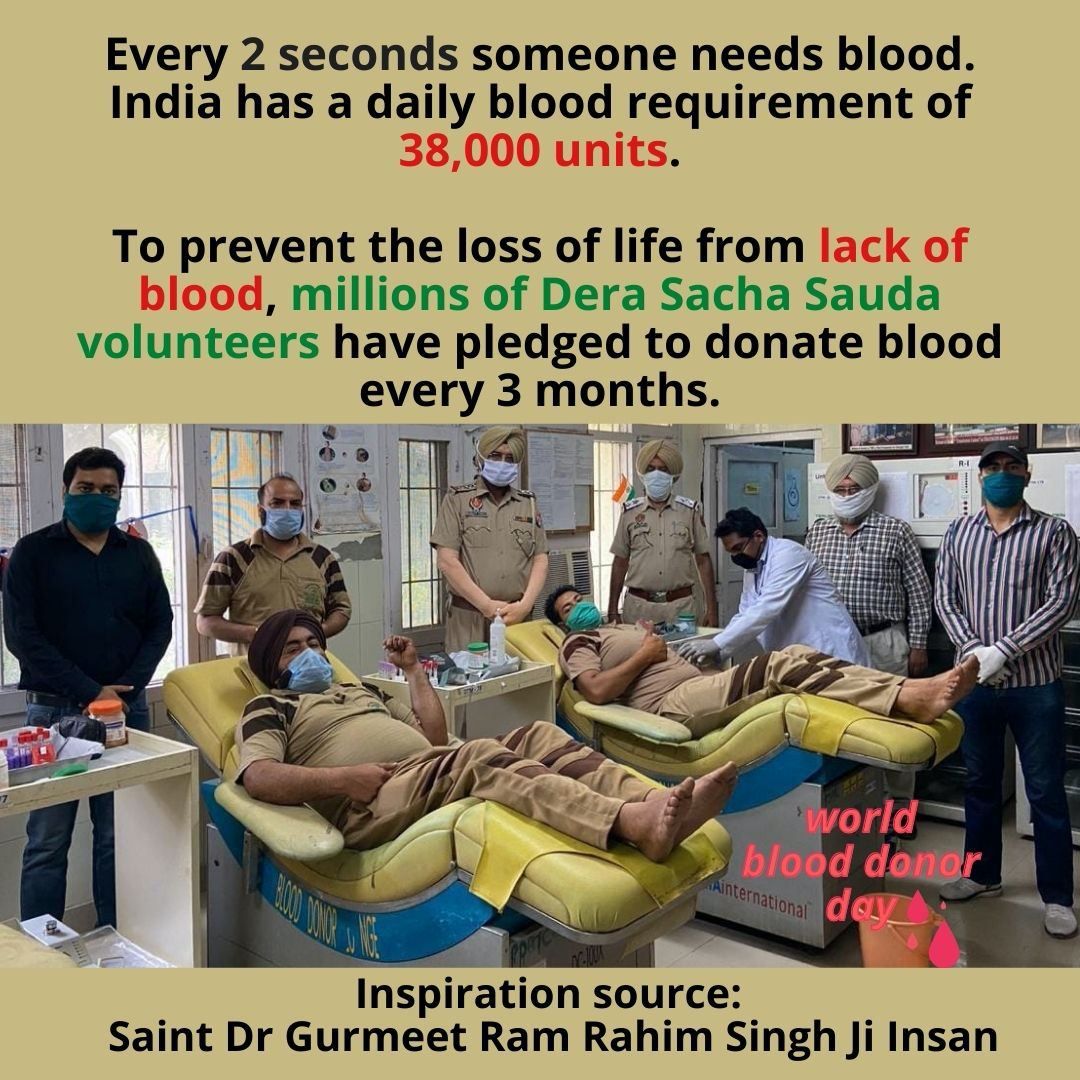 iNavjot_insan's tweet photo. We can save three lives by donating one unit of blood.  Every year, thousands of DSS followers donate blood after three months without any selfish ends and millions have pledgedunder the pious inspiration of saint @GurmeetRamRahimJi. 
#WorldBloodDonorDay
#TrueBloodPump
#GiveBlood https://t.co/rSUPVKvyyk