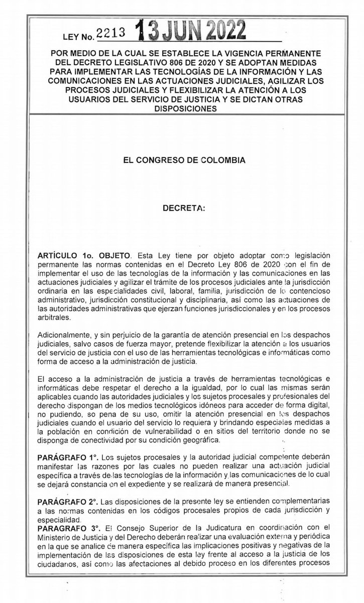 judicaturacsj's tweet photo. #Atención⚠️ | Entra en vigencia Ley 2213/2022, por medio de la cual se adoptan medidas para implementar Tecnologías de Información y Comunicaciones en actuaciones judiciales, agilizar procesos y flexibilizar atención a usuarios de justicia.

Consulte👉https://t.co/PVLIlOteE4 https://t.co/7VGpQp18kS