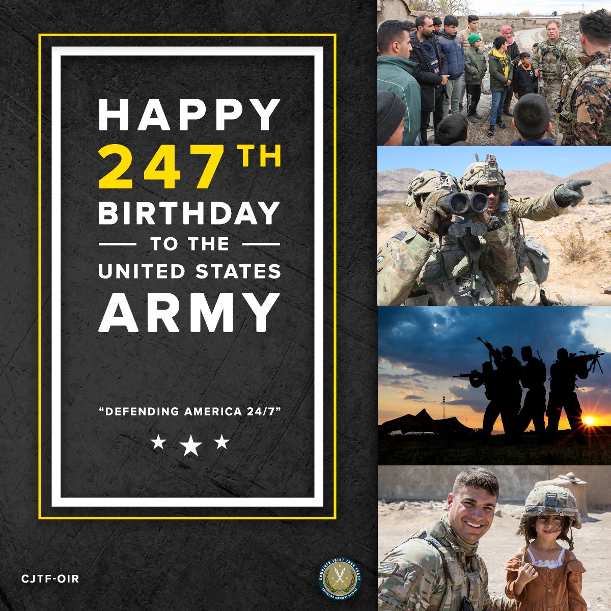 The @Coalition wishes a very happy 247th Birthday to one of the world’s greatest fighting forces–the @USArmy! On June 14th, 1775, the American continental #Army formed to protect & defend America 24/7. #Army247 #ArmyBDay