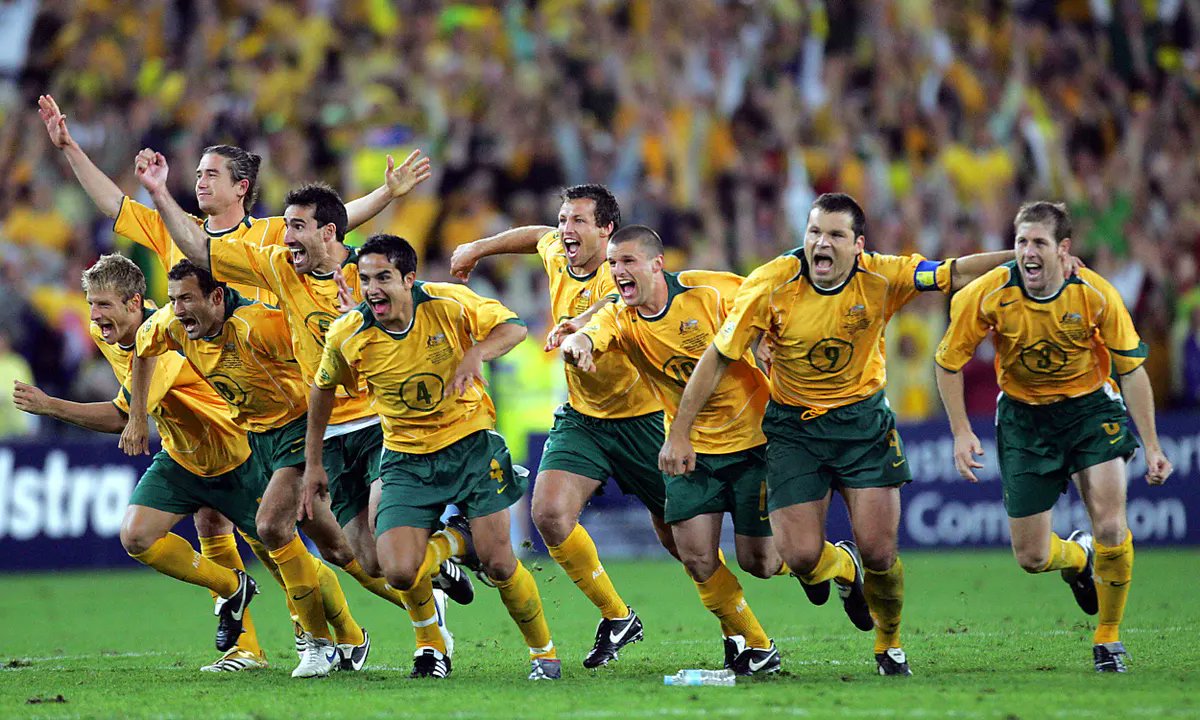 thepfa's tweet image. Two generations. 
Two iconic penalty shoot-out moments.
Shared history.
One Team.
Our @Socceroos 🇦🇺

#SupportingThePlayers