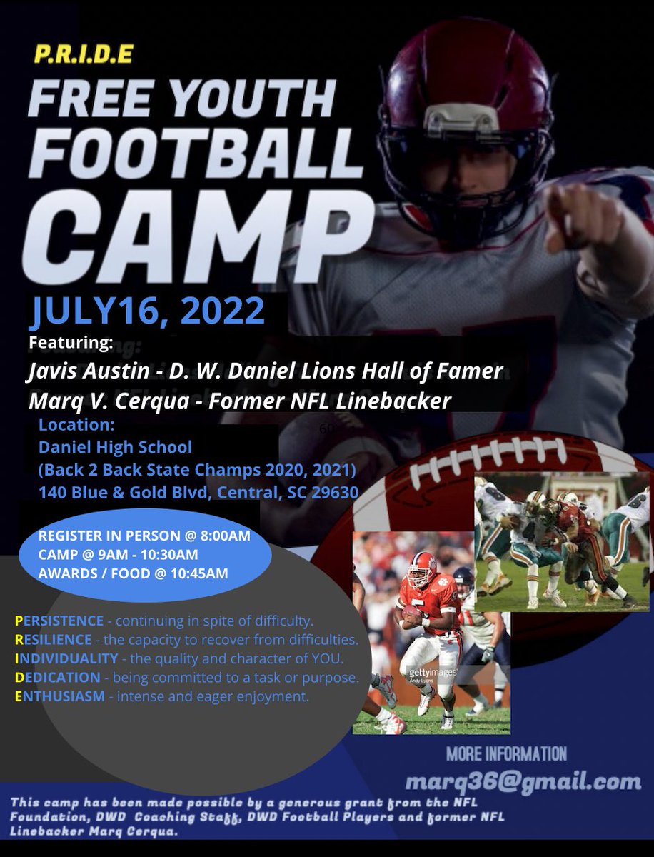 Mark your calendars! The Daniel Football program is having a FREE youth football camp on Sat. July 16th. Come out and get coached by the back to back State Champions, featuring Javis Austin (DWD Hall of Fame) and Marq Cerqua (DWD alum and former NFL LB) 7-12 year olds. #WinToday!