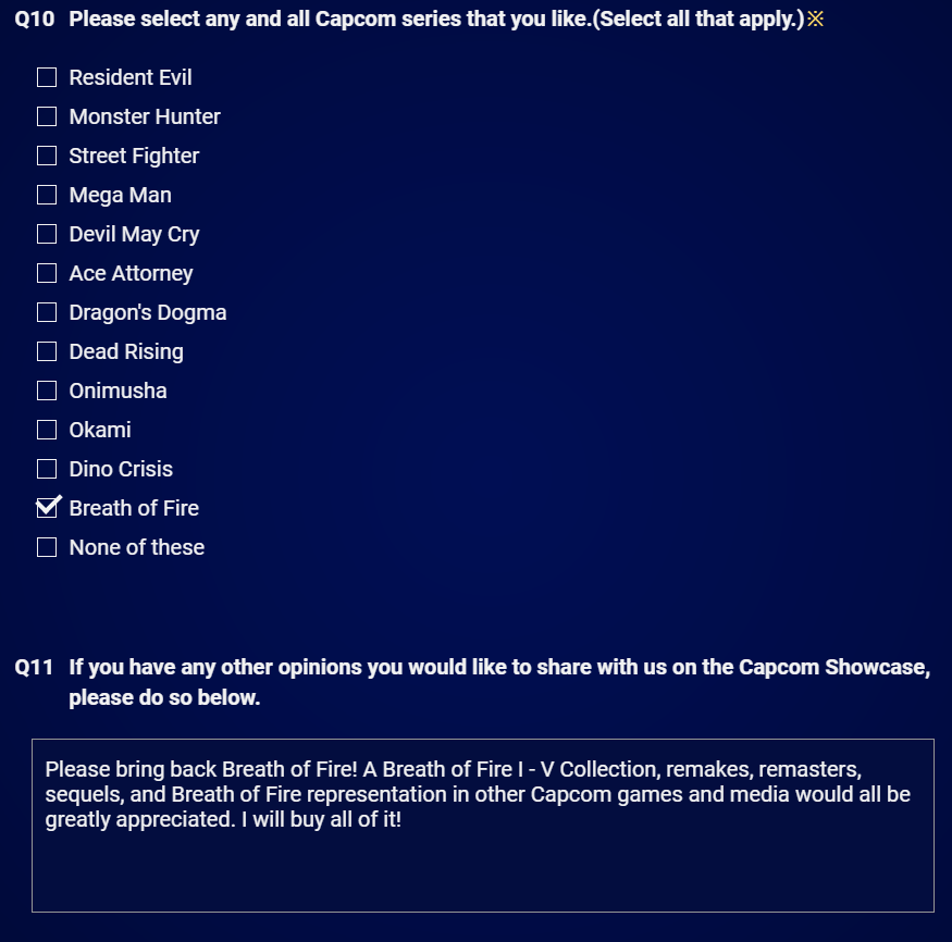 BreathofFire_'s tweet photo. @CapcomUSA_ So happy you put Breath of Fire as a choice on this survey! 🥰 https://t.co/tB4dJTf2KT