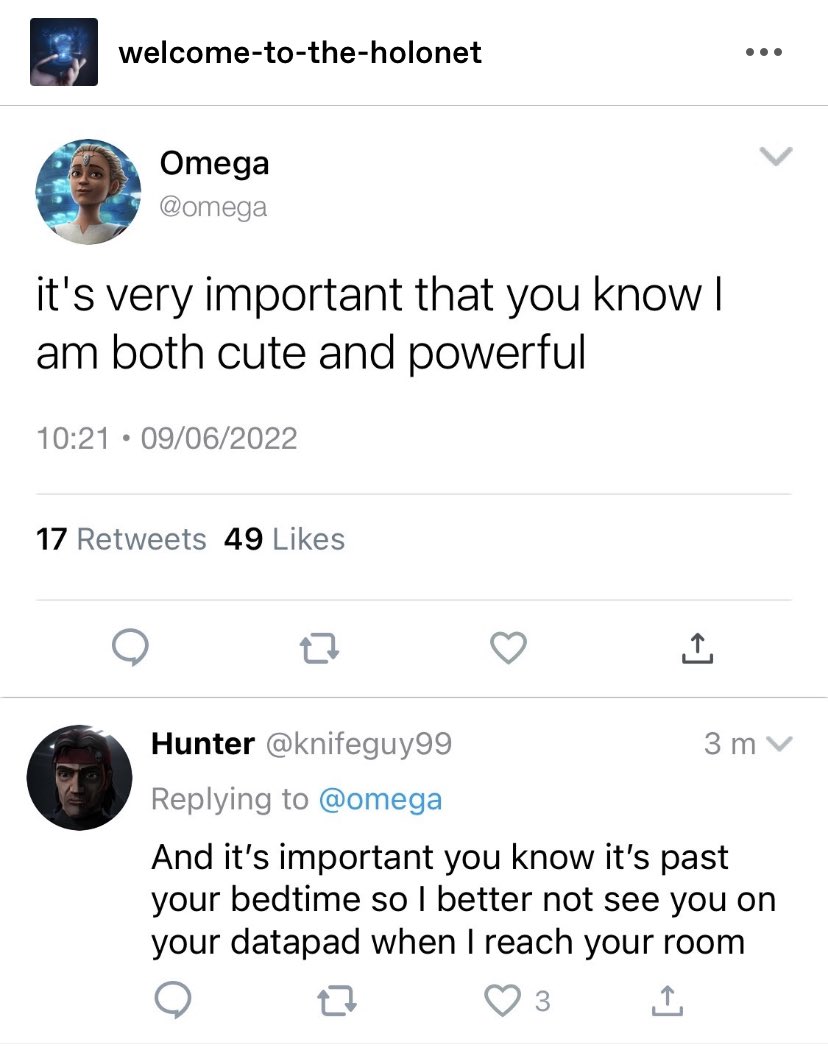 batcherkilljoy's tweet photo. #incorrectquotes #incorrectquotesbadbatch #BadBatch #omega #omegamonday #hunter #dadhunter #hunterxomega https://t.co/J8Lt5WZiWh