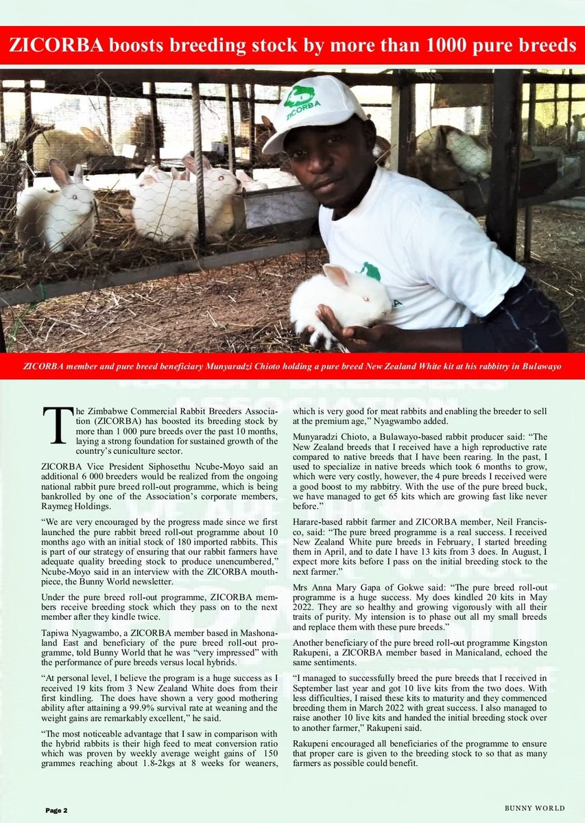 RabbitZimbabwe's tweet photo. ZICORBA has boosted its breeding stock by more than 1 000 pure breeds over the past 10 months, laying a strong foundation for sustained growth of the country’s cuniculture sector.

Click the link below to read more 

https://t.co/R3VtvwltOU

#zicorba  #letsmakezicorbagreat https://t.co/iiWVtbf8Ae