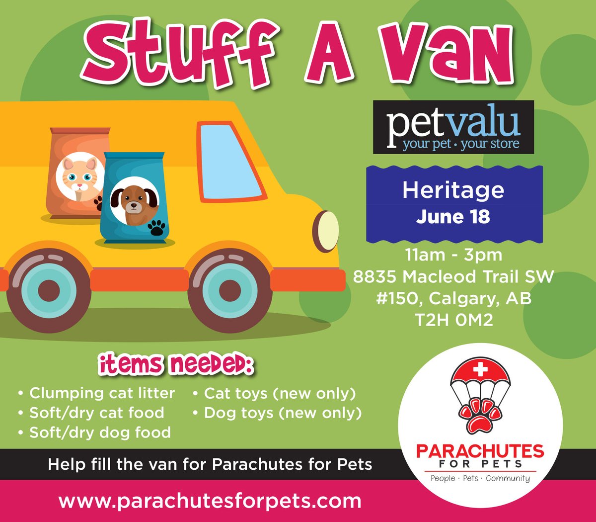 ParachutesP's tweet photo. This Saturday, June 18th come visit us at the @petvalu on #150- 8835 Macleod Trail SW to help us STUFF A VAN! #peoplepetscommunity #yyc #yycpets #community #stuffavan #donate #petvalue https://t.co/LoGqNJIATU