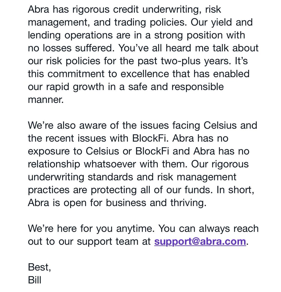 CPRXtothemoon's tweet photo. Message from @BillBarhydt. That's why @AbraGlobal is considered by many to be the best company for helping you manage your crypto wealth and is open for business and thriving.

#AbraWallet has been established for more than 7 years been through multiple bear markets. HODL on! �� https://t.co/sapu3wMlXi