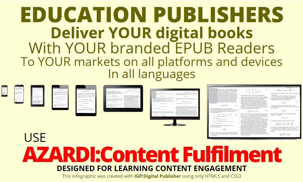 #education publishers. Deliver digital content securely to your content users with 
#AZARDIContentFulfilment 
and 
#AZARDI readers. bit.ly/X19tq0 

Make a positive change to #education now… 
Get started: bit.ly/2EiR94Z   
#edtech #EPUB
<a href="/infogridpacific/">Infogrid Pacific</a>
