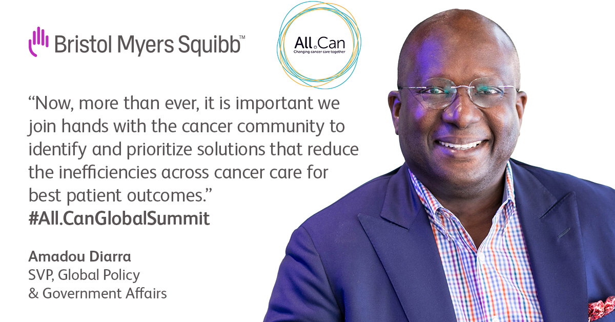 bmsnews's tweet photo. Amadou Diarra, SVP, Global Policy, Advocacy and Govt. Affairs, reflects on ways to drive efficiencies in cancer care ahead of the 2022 #AllCanGlobalSummit. Read his blog https://t.co/n7XMXyANJX and join us for the Summit. #WorkingTogetherForPatients