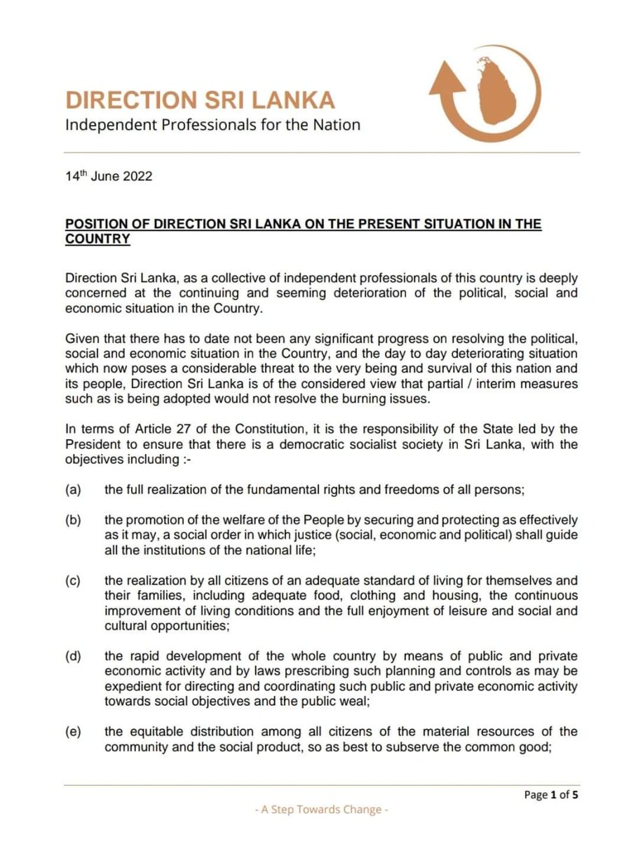 DirectionsSL's tweet photo. #DirectionSriLanka calls everyone at this critical hour to
formulate their positions &amp; make decisions..giving primacy to the interests of the country to prevent our country deteriorating further. Full statement-https://t.co/bzw1tbZLnB
#ProfessionalsSL
#EconomicCrisisLK
#ProtestLK https://t.co/Zs2yka0JYF