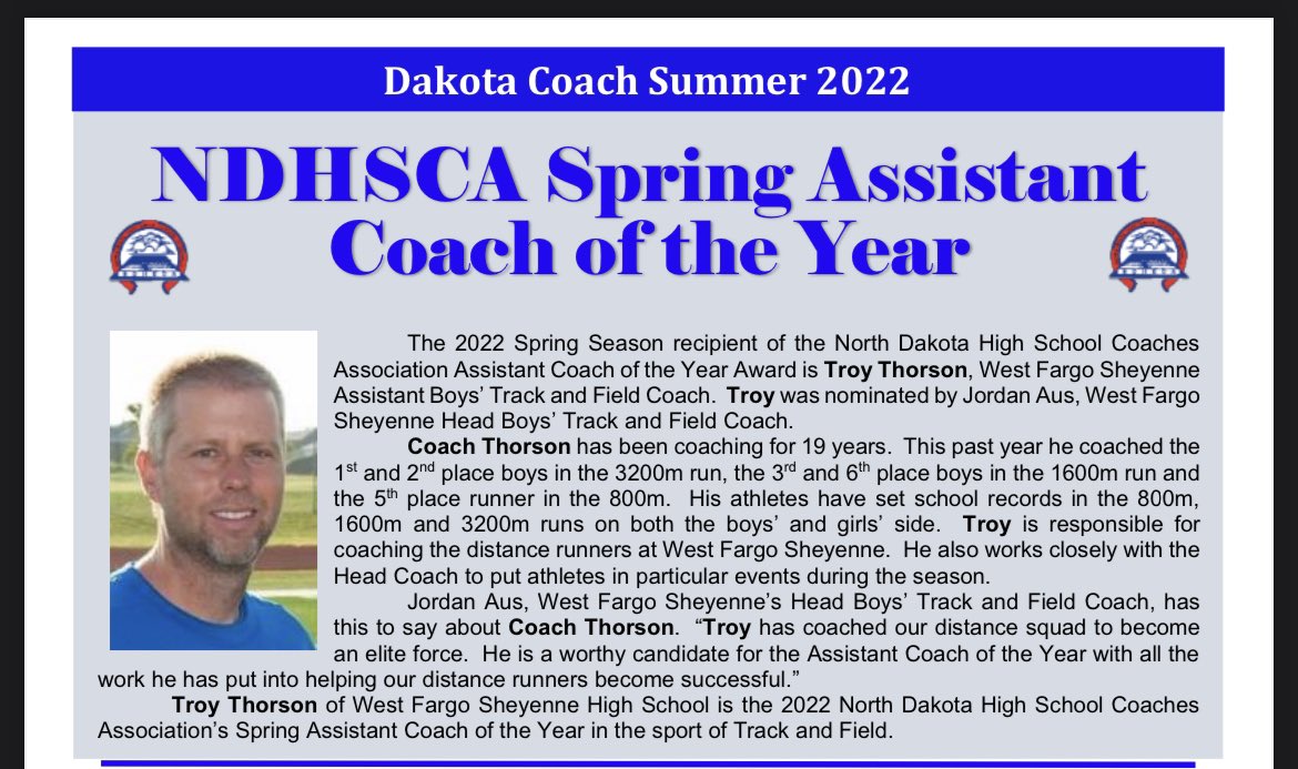 Sheyenne High School TF/XC (@mustangstnf) on Twitter photo We’re happy to announce that our distance coach, <a href="/TroyThorson/">Troy Thorson</a> has been named the NDHSCA Spring Event (Assistant) Coach of The Year! Coach Thorson has turned our distance program into a force and he brings the best out in our kids, thanks for all you do! We’re happy to announce that our distance coach, <a href="/TroyThorson/">Troy Thorson</a> has been named the NDHSCA Spring Event (Assistant) Coach of The Year! Coach Thorson has turned our distance program into a force and he brings the best out in our kids, thanks for all you do!
