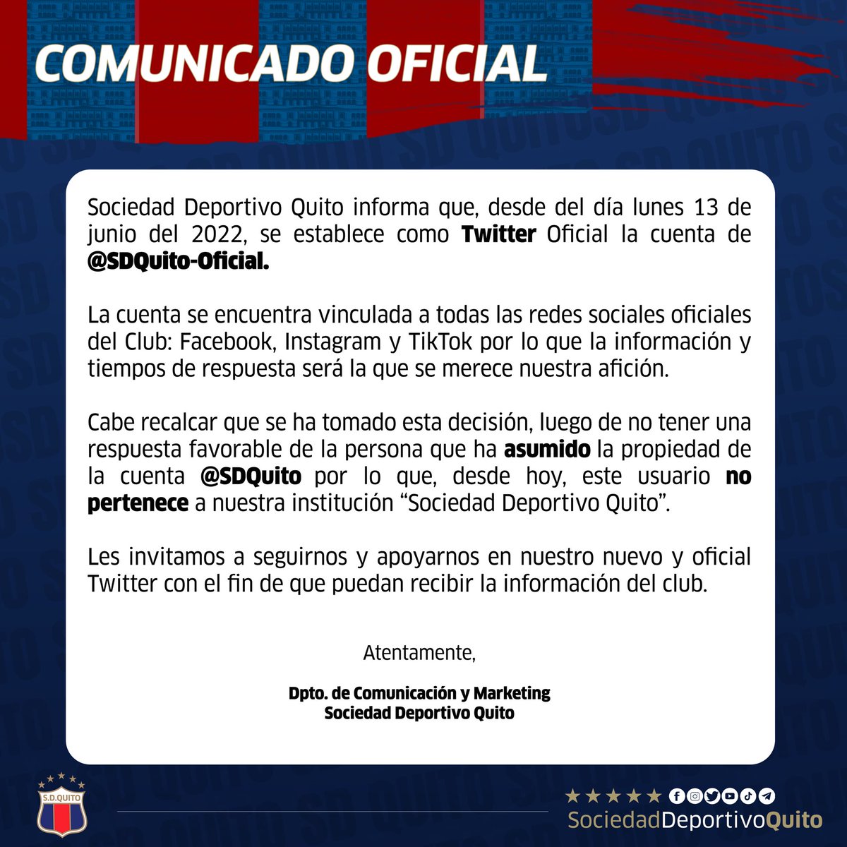 SDQuito_Oficial's tweet photo. 🔴 COMUNICADO OFICIAL 

Estamos de regreso en Twitter 👉🏽💙❤️

Usuario oficial: @SDQuito_Oficial
.
.
#PORELDEPORTIVOQUITO https://t.co/iDCvO8u8Lg