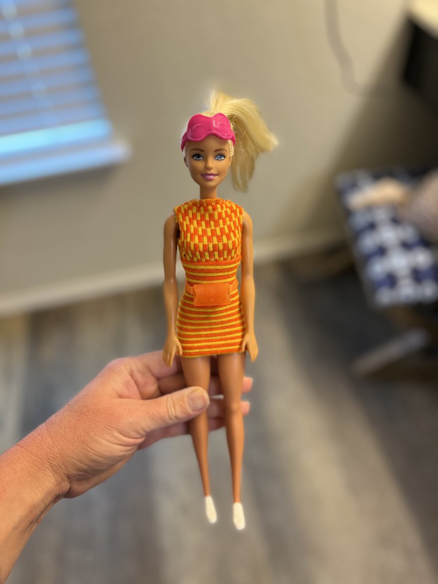 LucyLaneM's tweet photo. L: Mom, I made my Barbie to look like you with a sleep mask and a Fanny pack! https://t.co/32ER7AJMkH