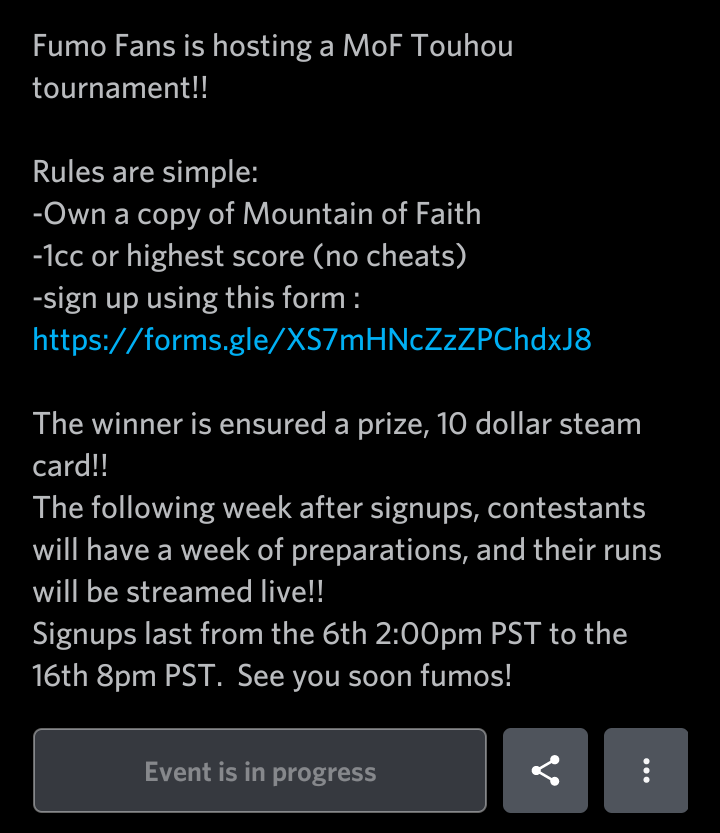 FumoFans's tweet image. Hello everyone!!
Friendly reminder we are hosting a couple server events! Our latest is a touhou high score competition (Mountain of Faith) and there are 3 days left before our sign ups are closed~⭐