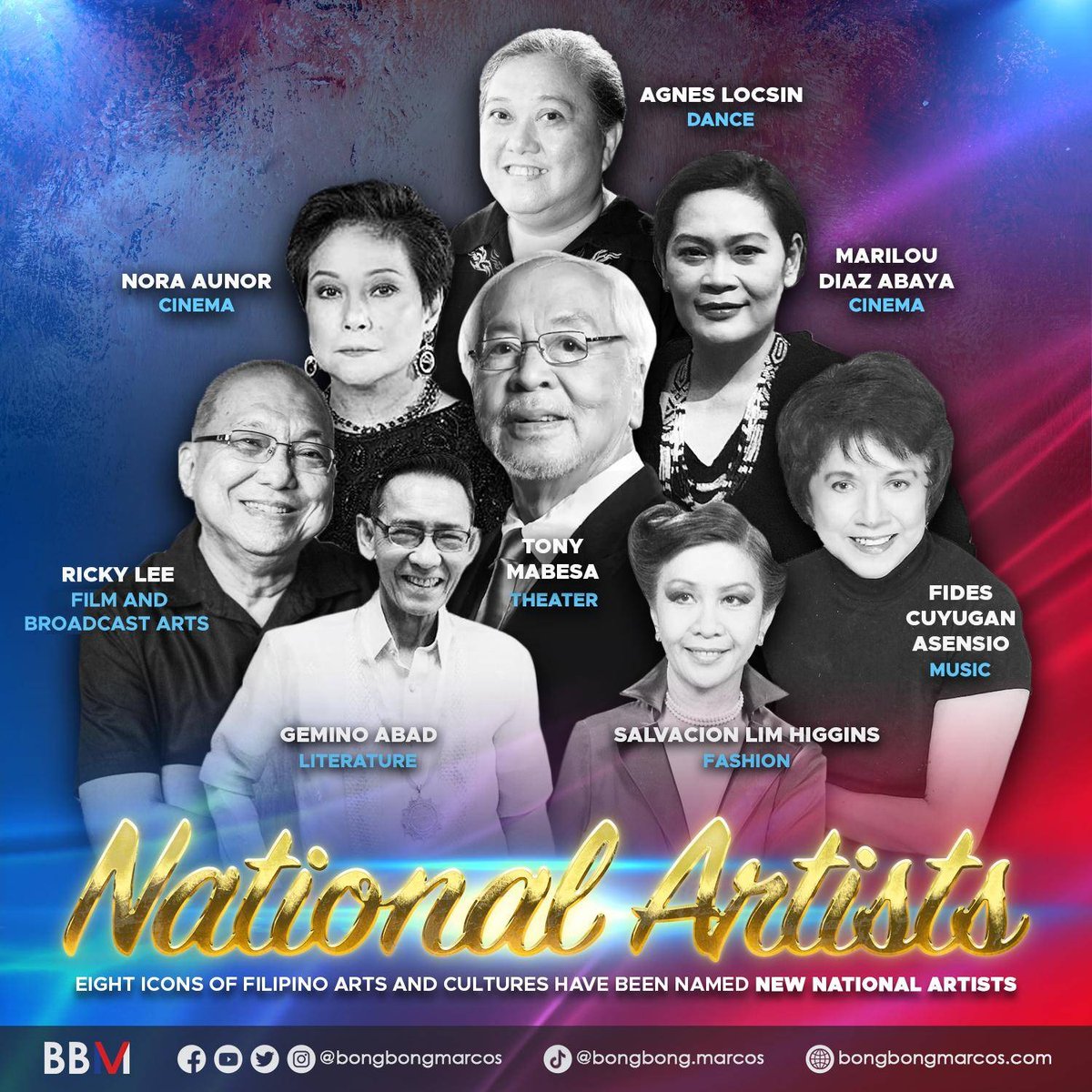 Isang pagpupugay sa ating bagong hirang na National Artists!

Ang inyong mga natatanging kontribusyon sa larangan ng panitikan, pelikula, teatro, fashion, sayaw, at musika ay higit na kahanga-hanga sa pagpapakita ng tunay na talento ng mga Pilipino!

Mabuhay po kayo!