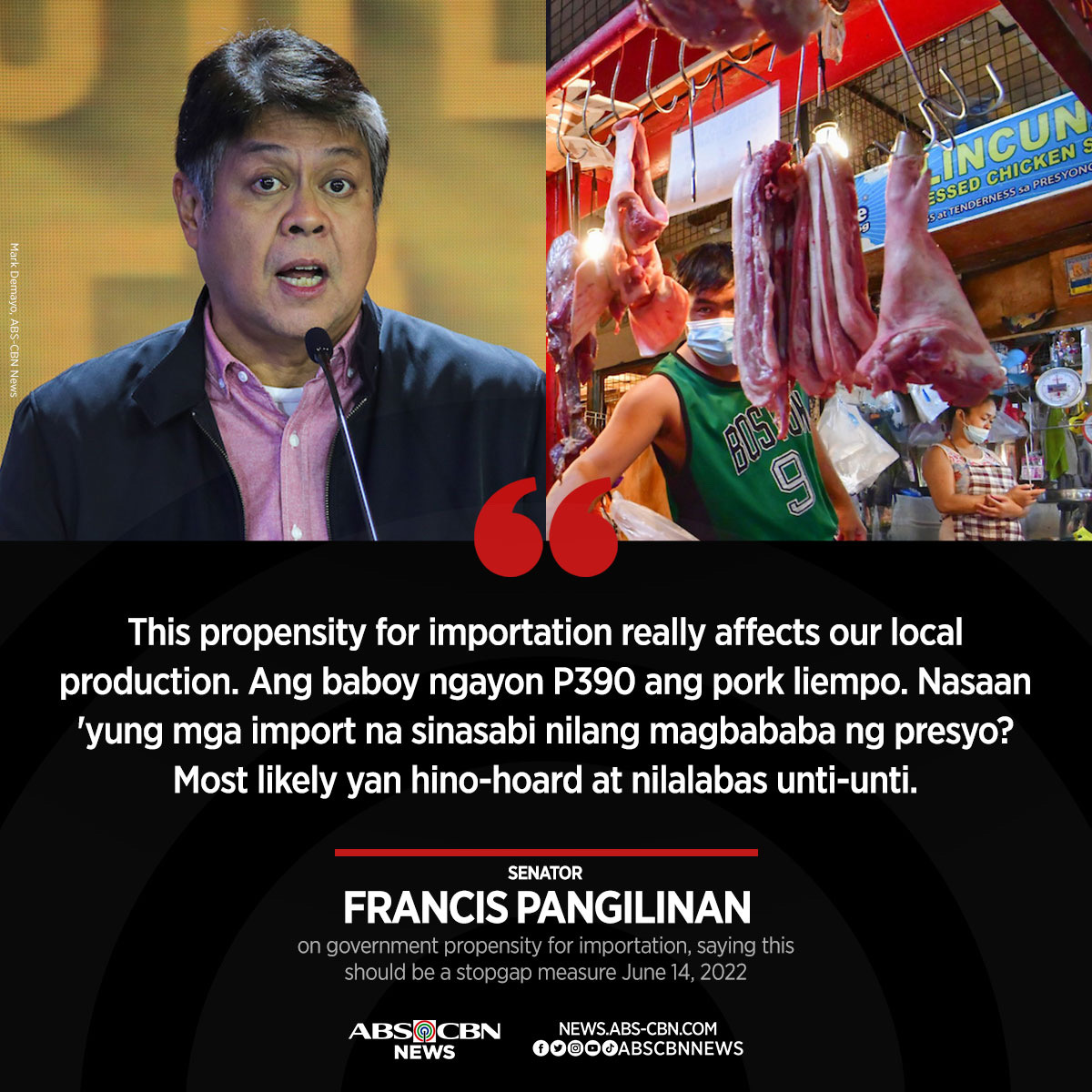ANCALERTS's tweet image. Outgoing Sen. Francis Pangilinan questions government importation, saying it only increased the price of basic goods.

Related story: news.abs-cbn.com/news/06/14/22/…
