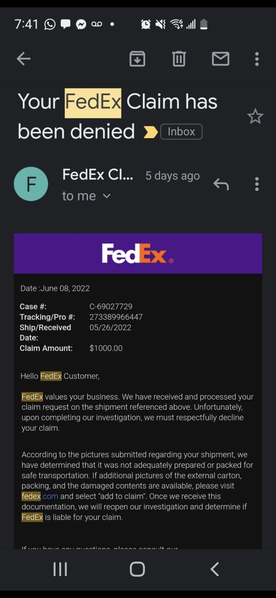 jinal1211's tweet photo. FedEx has the audacity to deny a claim for my broken TV that they insured themselves for $1000 when I got it shipped. Acc to @FedEx packaging was not right, if so why insure it and if you did you should have repacked it to meet the packing standards. @FedExHelp @FedexUSA https://t.co/53c4xwaLgx