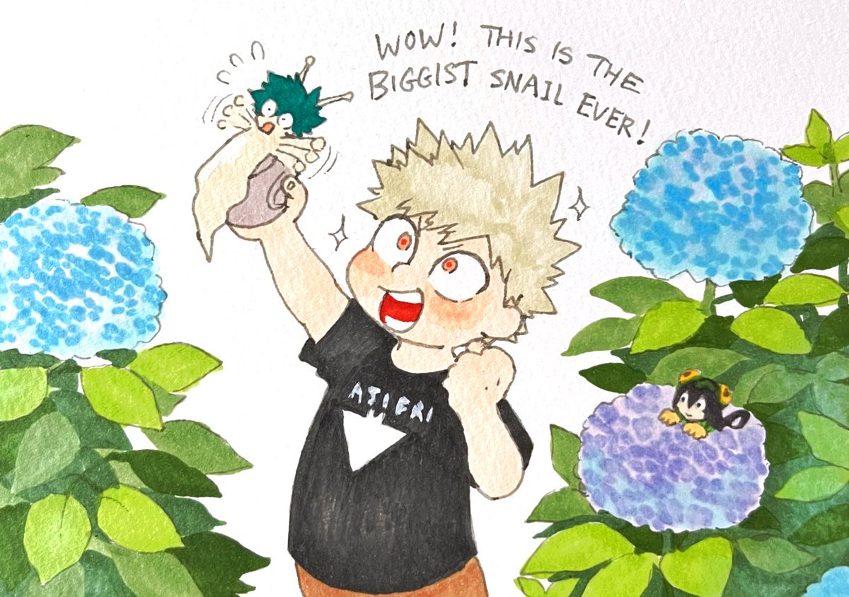 蛙吹梅雨 ,爆豪勝己 ,緑谷出久 「🥦🐌と無邪気な子供
「デッッケーカタツムリ!!!」 」|の氏のイラスト