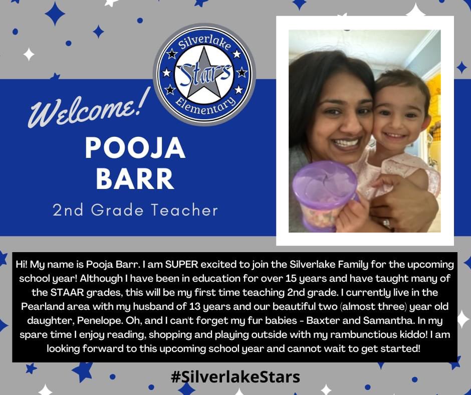 We are excited to welcome Mrs. Barr to the Silverlake team for the 2022-2023 school year! 🎉💙⭐🎉💙⭐ #SilverlakeSTARS #WeArePearlandISD