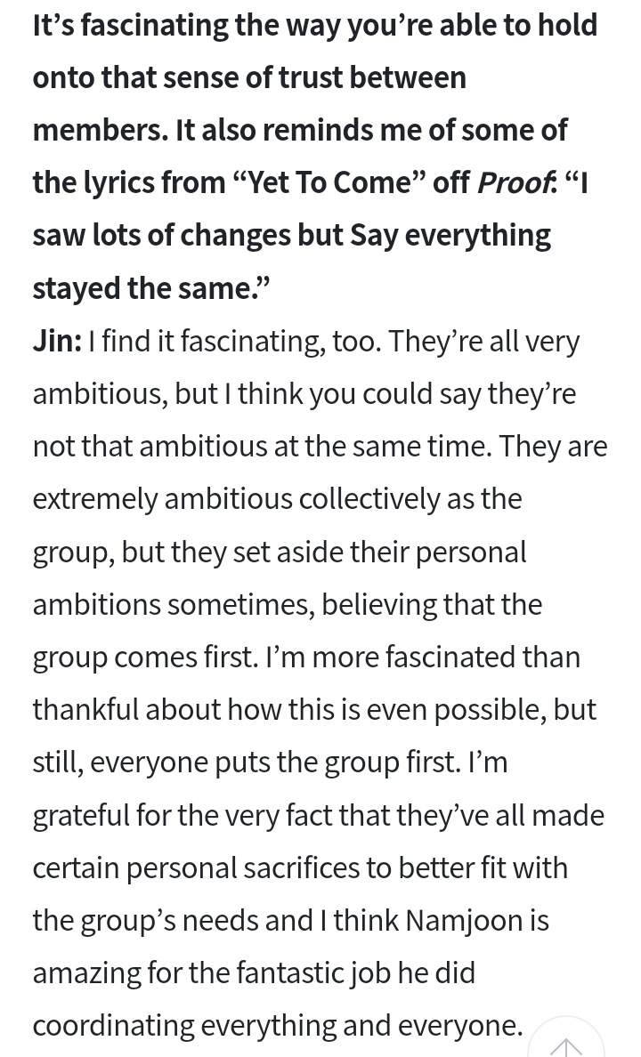 sugadboy's tweet photo. — Weverse Magazine | #JIN

Sobre los miembros de BTS

🐹: Todos son muy ambiciosos, pero creo que se podría decir que no lo son al mismo tiempo. Son extremadamente ambiciosos colectivamente como grupo, pero a veces dejan de lado sus ambiciones personales, creyendo (+) 

@BTS_twt https://t.co/3LhXiRQEgo