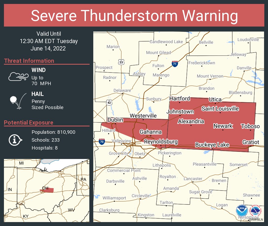 NWSILN's tweet photo. Severe Thunderstorm Warning including Newark OH, Dublin OH and  Westerville OH until 12:30 AM EDT. This storm will contain wind gusts to 70 MPH! https://t.co/hNyW35tZCo