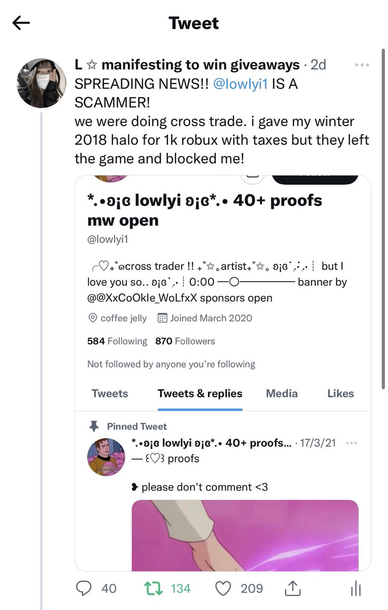 adcrxmoon's tweet photo. hi guys, im here to clarify about the latest scam that i’ve gotten. @lowlyi1 and the person that scammed me is a different person. that person is an impersonator and steals @.lowlyi1 proofs that they had been collecting for a long times. please stop sending hates to @.lowlyi1 . https://t.co/sCNso5y56V