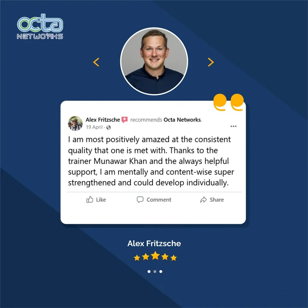 OctaNetworks's tweet photo. Seeing your students happy is a wonderful achievement. Mr. Alex Fritzsche shares his review on CCIE training at Octa Networks!
#octanetworks #CCNA #CCNP #CCIE #studentsreview #cciebootcamp #ccietraining #cciepreparation #ccieenterprise #cisco #computernetworking #itinstitute https://t.co/9m7wbhc6cS