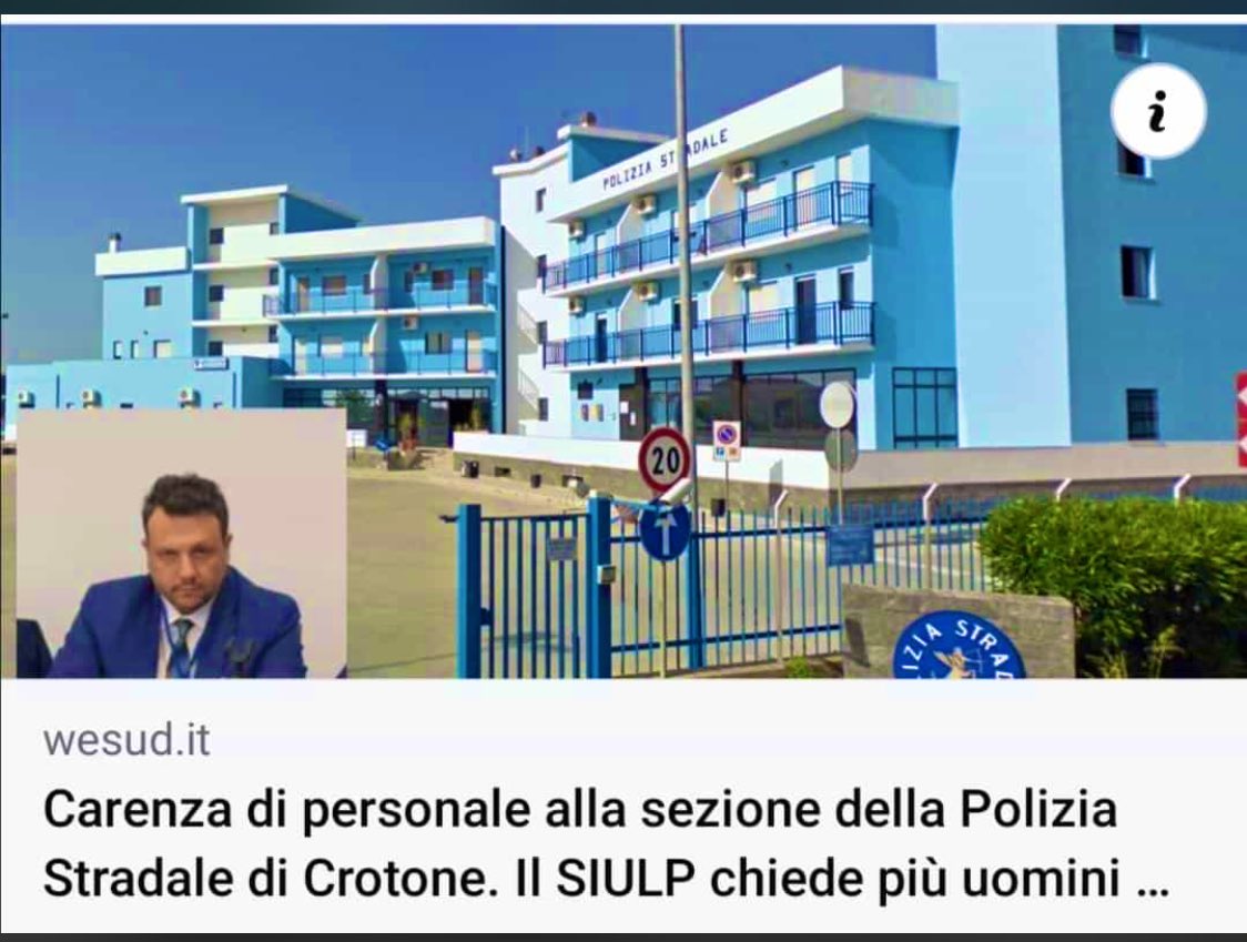 crotone_siulp's tweet photo. Le Istituzioni e le associazioni del territorio si uniscano al grido di allarme lanciato dal Siulp di Crotone, rispettivamente alla carenza di organico degli uomini della sezione della Polizia Stradale di Crotone. A rischio la sicurezza degli operatori e degli utenti. #sicurezza https://t.co/syz1cg1Ule