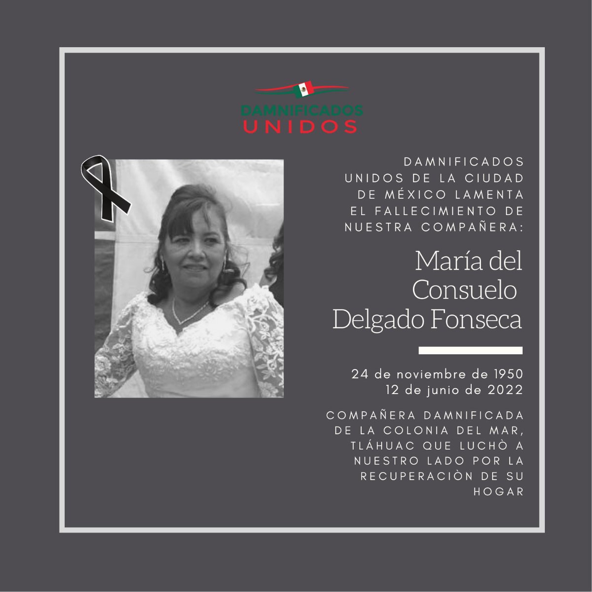 DUCDMX's tweet photo. Que descanse en paz nuestra compañera María del Consuelo. Estamos de luto. https://t.co/OKEuLwfx3Z