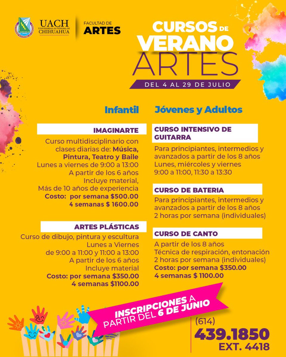 ¡Inscribe a tus hijos en los cursos de Verano de nuestra @FartesUACH! 🤩
Del 4 al 29 de julio podrán aprender Pintura, Teatro, Música, Baile, Escultura y más. 
Toda la información aquí👇🏼