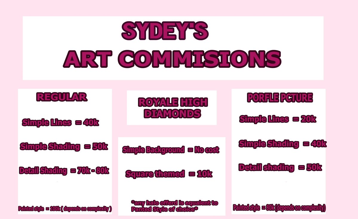 AniFangArt's tweet photo. ✨Here is my updated commission sheet✨

✨For more details feel free to DM me✨
#RHTC #commissionsopen #royalehightrades #royalehightrading #royalehigh #rhcommisions #RHDcommision #rhd #rhdcommisions #royalehighdiamonds https://t.co/iIuGefBngA