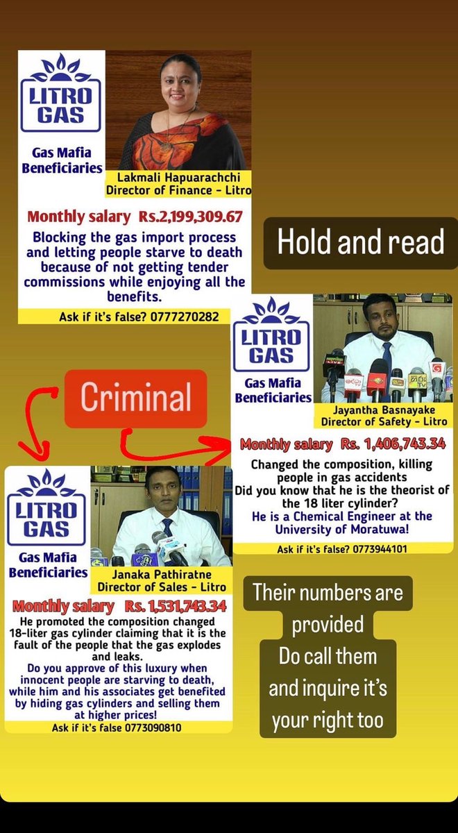 AnonymissSl's tweet photo. Do call them and ask them, it’s your right. #gas #litrogas #SriLankaCrisis #GotaGoHome #ManMadeCrisis #JusticeForSriLanka #SriLankaEconomicCrisis #SriLankaProtests #SriLanka  @_barbby @GhostClanOfcl @LulzSecSL @dilagrafie @owlerine @TheIdealist_0 @YourAnonRiots @sannaghost https://t.co/bu3GKxg7BI